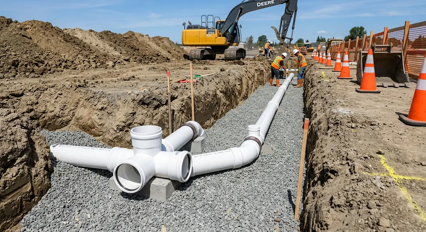 New PVC sewer pipe installation in open trench for Sewer Backup in Statesboro