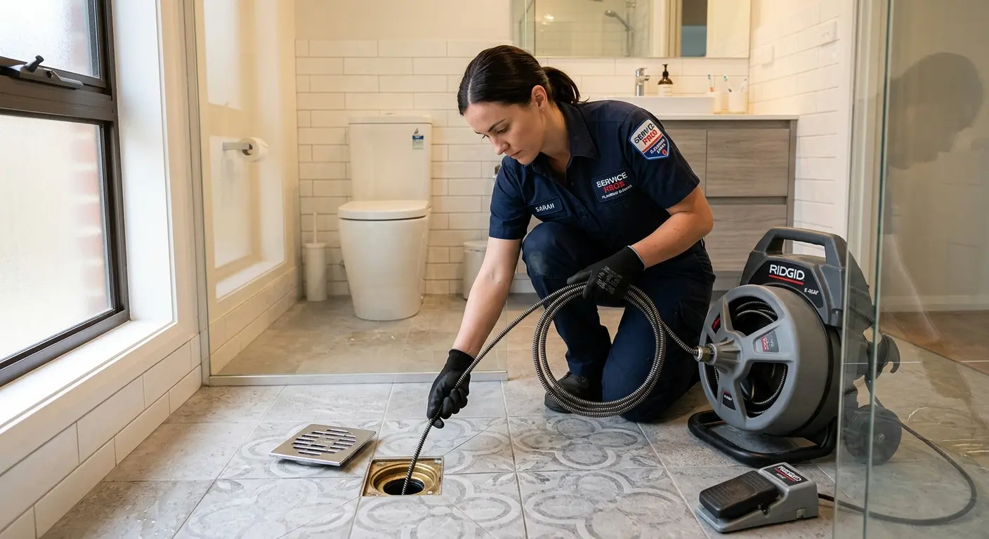 Technician clearing a bathroom floor drain for Drain Cleaning in Statesboro